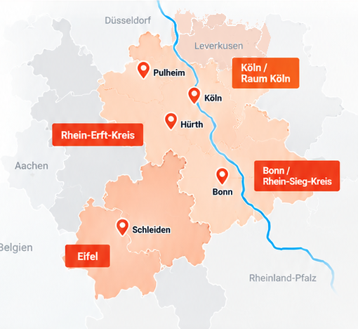 Standorte Köln, Pulheim, Hürth, Bonn und Schleiden sowie die Regionen Köln / Raum Köln, Leverkusen, Rhein-Erft-Kreis, Bonn / Rhein-Sieg-Kreis und Eifel